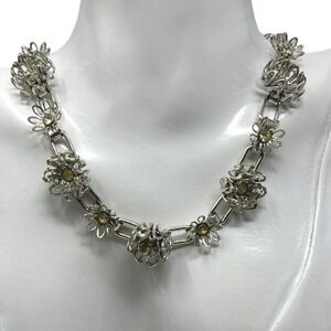 Vintage Choker Necklace‎ Raised 3D Flowers Rhinestone Center Adjustable